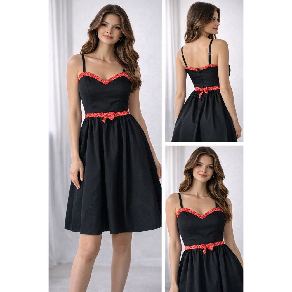 Rock Steady Black Fit & Flare Dress Red Floral Trim Sweetheart Neckline XL